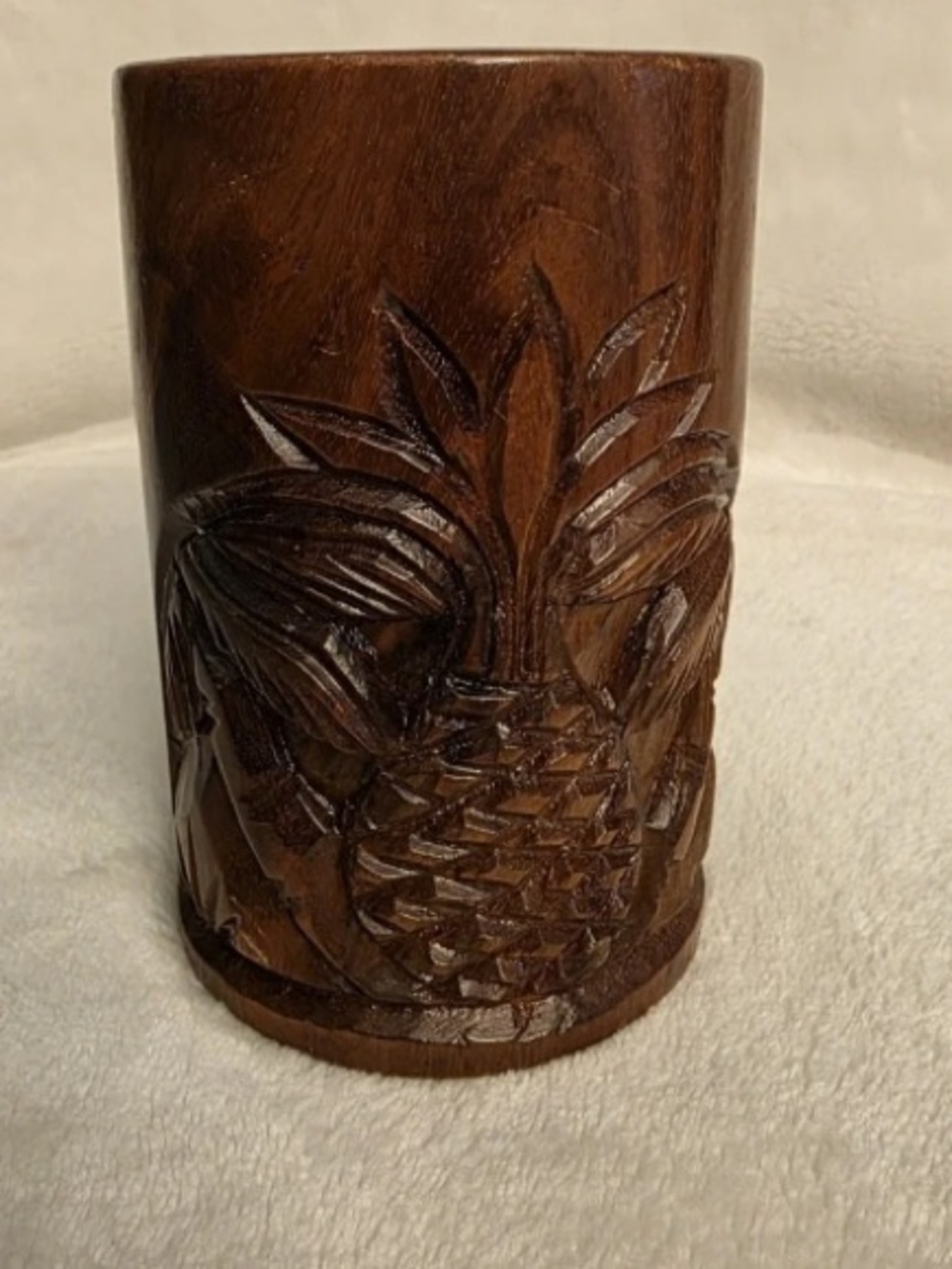 Carved Wood Tiki Mug with Handle Pineapple Design Aloha Hawaii Monkey Pod